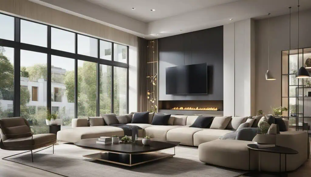 Elegant living room featuring a sleek fireplace, expansive windows, and contemporary furniture.