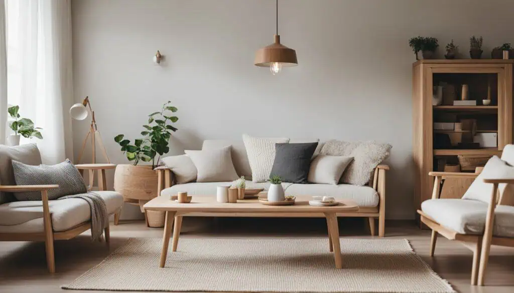 Bright Scandinavian living room with neutral tones and natural wood furniture.