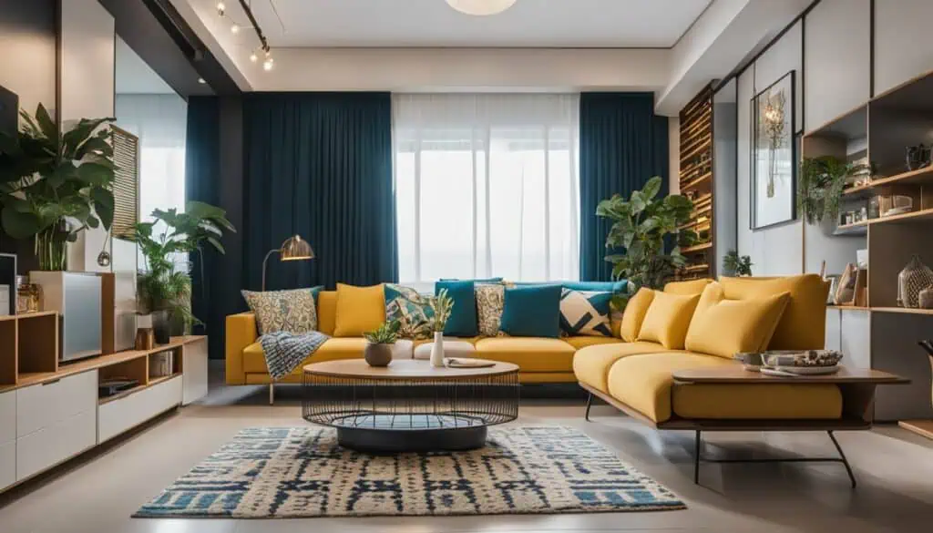 Stylish modern living room with vibrant yellow and blue furniture, lush plants, and contemporary dec.