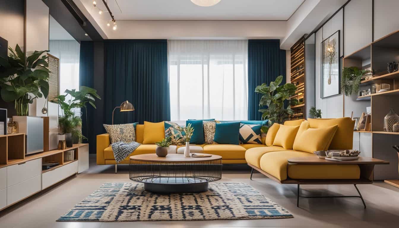 Stylish modern living room with vibrant yellow and blue furniture, lush plants, and contemporary dec.