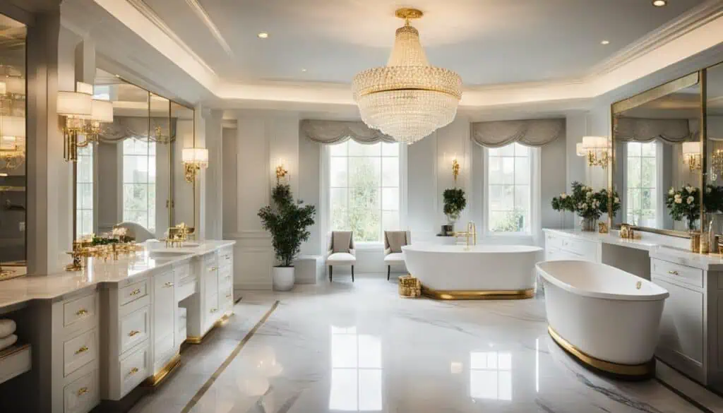 Luxurious bathroom featuring elegant freestanding bathtubs and sophisticated gold details.