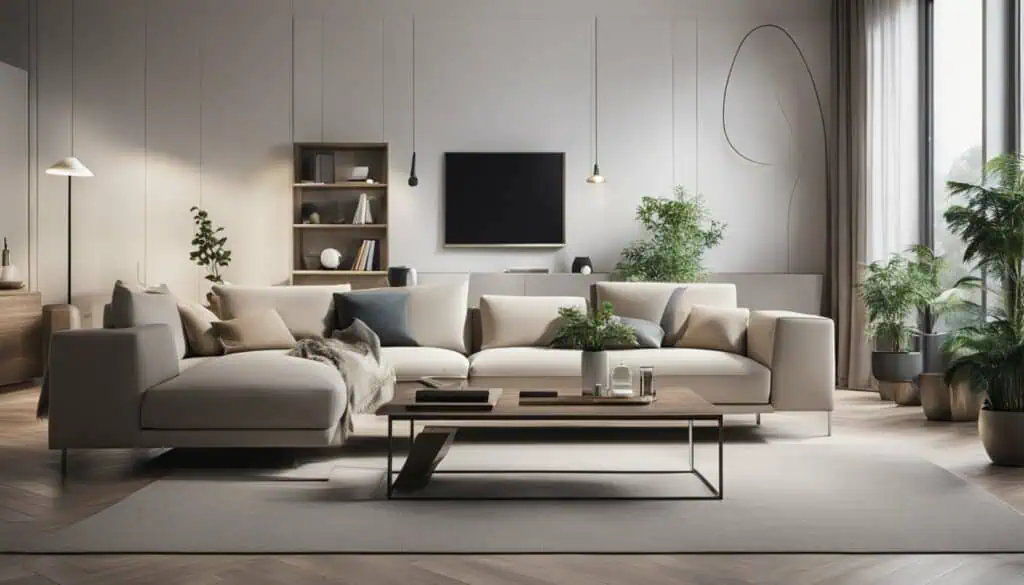 Elegant minimalist living room with neutral decor and large windows.