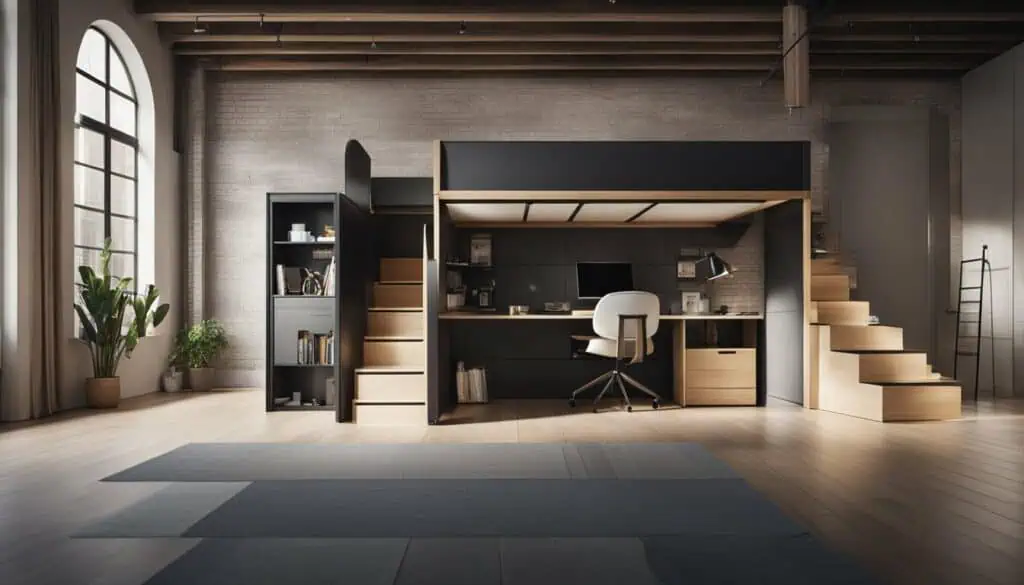 Modern loft workspace with stairs and desk in stylish industrial setting.
