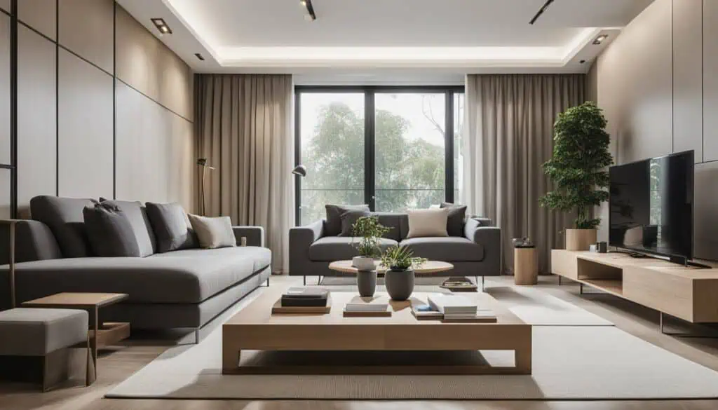 Elegant living room with contemporary furniture and large window views.