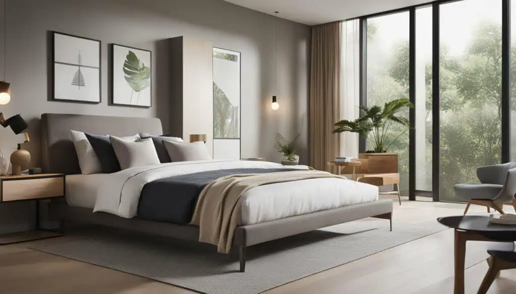 Stylish modern bedroom with large windows and natural light.