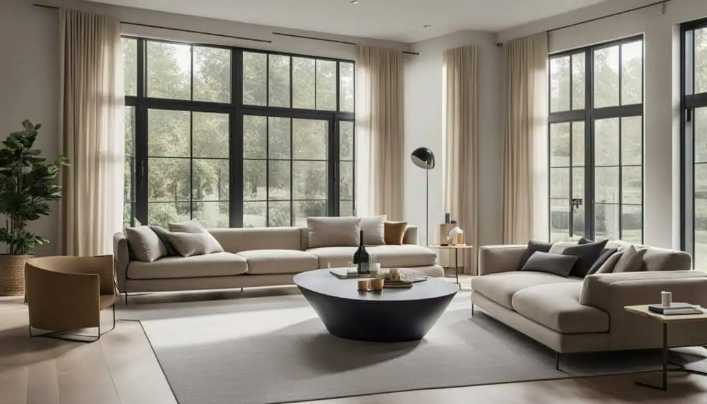 Spacious living room featuring large windows, neutral-toned sofas, and contemporary decor for a luxu.