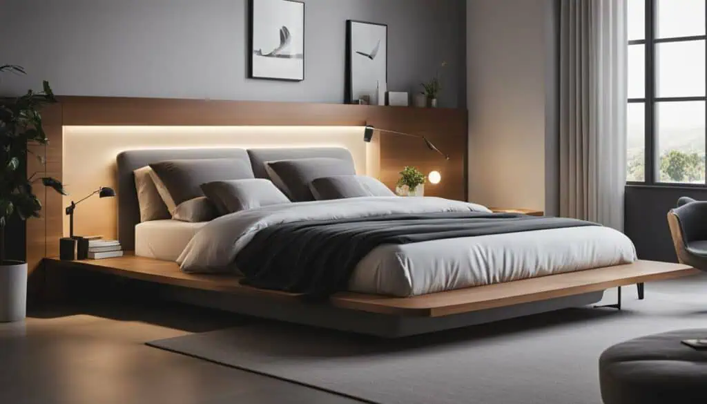 Elegant bedroom with sleek furniture, soft lighting, and stylish decor.