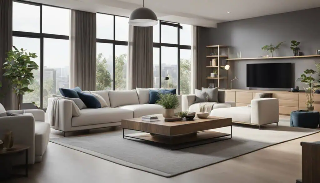 Bright, spacious living room with large windows and contemporary decor.