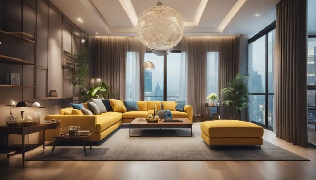 Elegant living room with large windows, contemporary furniture, and city skyline backdrop.