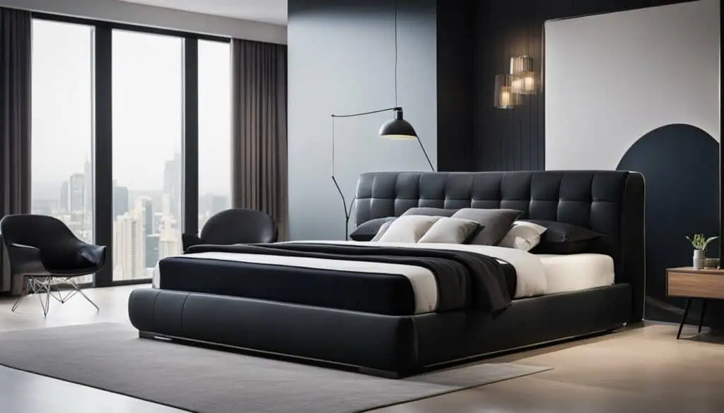 Elegant black upholstered bed with modern design in a city skyline bedroom.