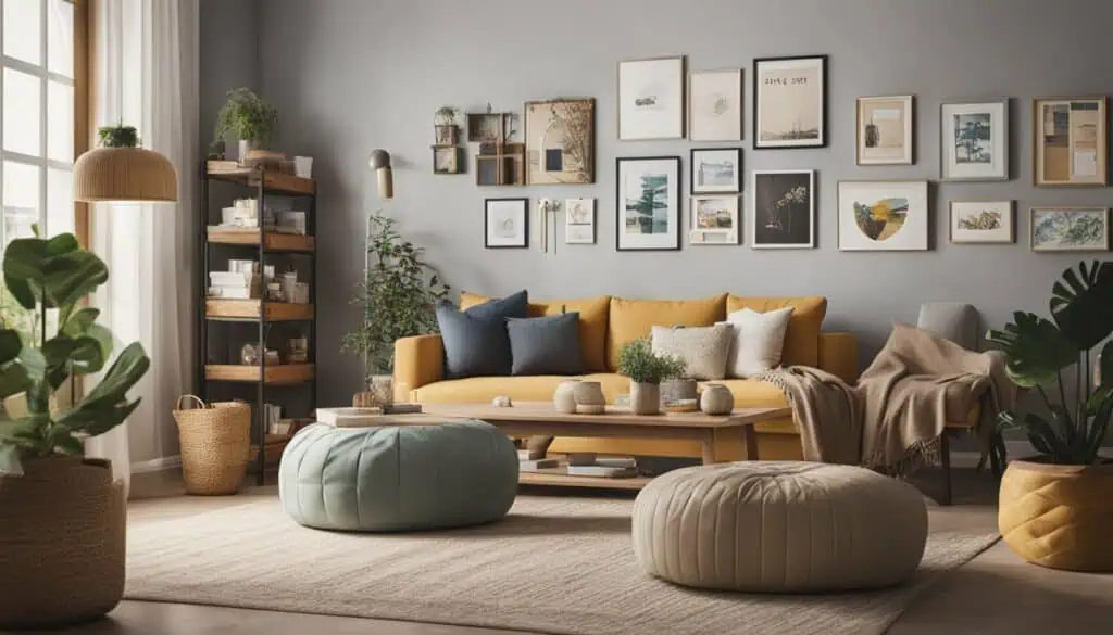 Stylish living room with gallery wall, cozy sofa, and decorative plants.