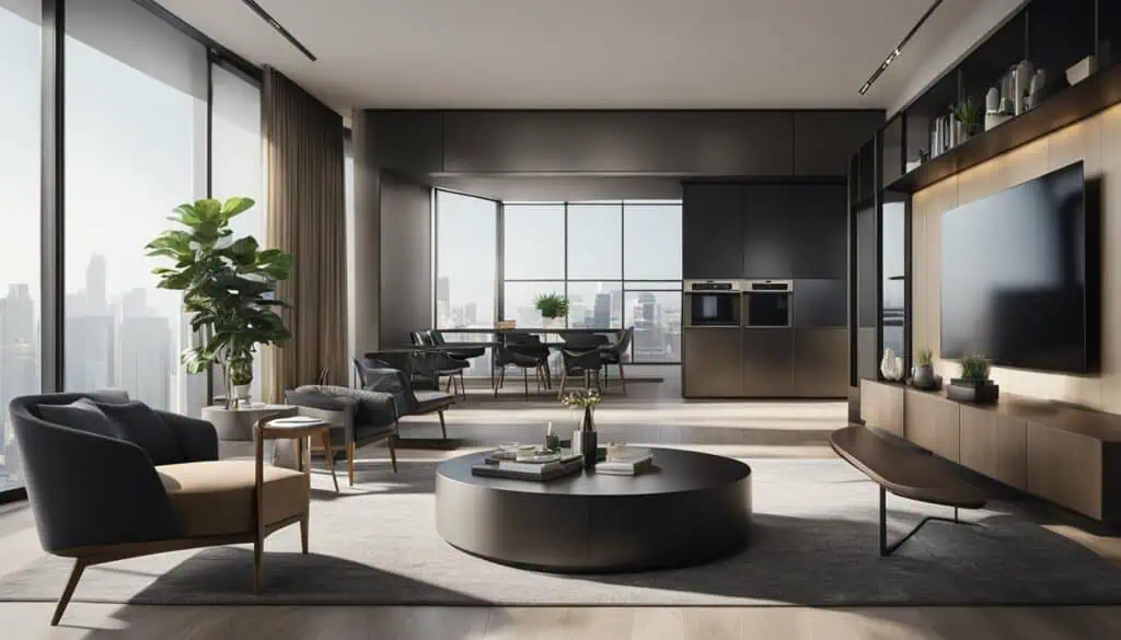 Elegant contemporary living room with large windows, sleek furniture, and city skyline backdrop.