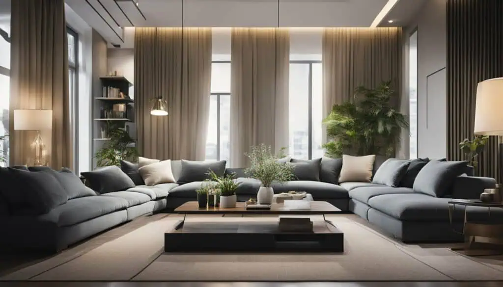 Elegant modern living room with large sectional sofa and lush green plants.
