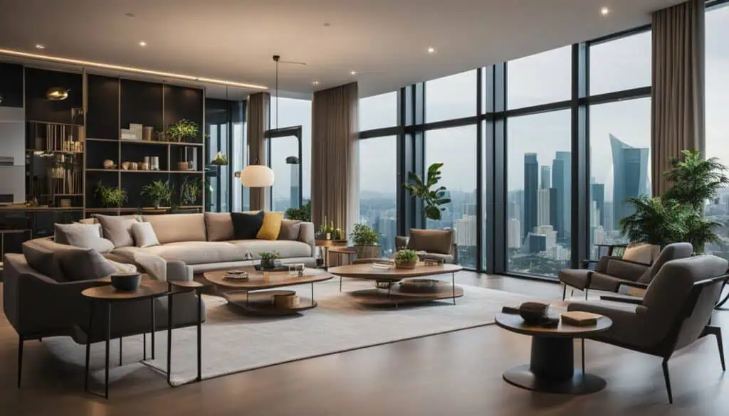 Luxury living room with floor-to-ceiling windows and city skyline backdrop.