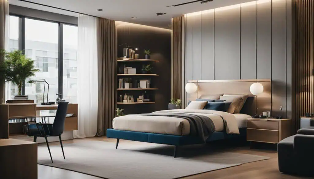 Luxury bedroom with modern decor, cozy bedding, and ambient lighting.