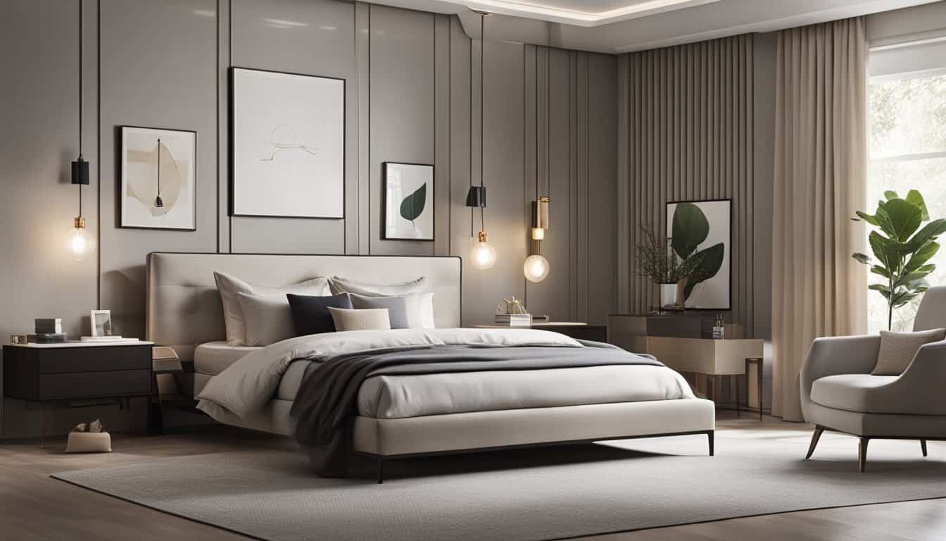 Beautiful bedroom featuring contemporary design, soft lighting, and stylish furnishings for a relaxi.