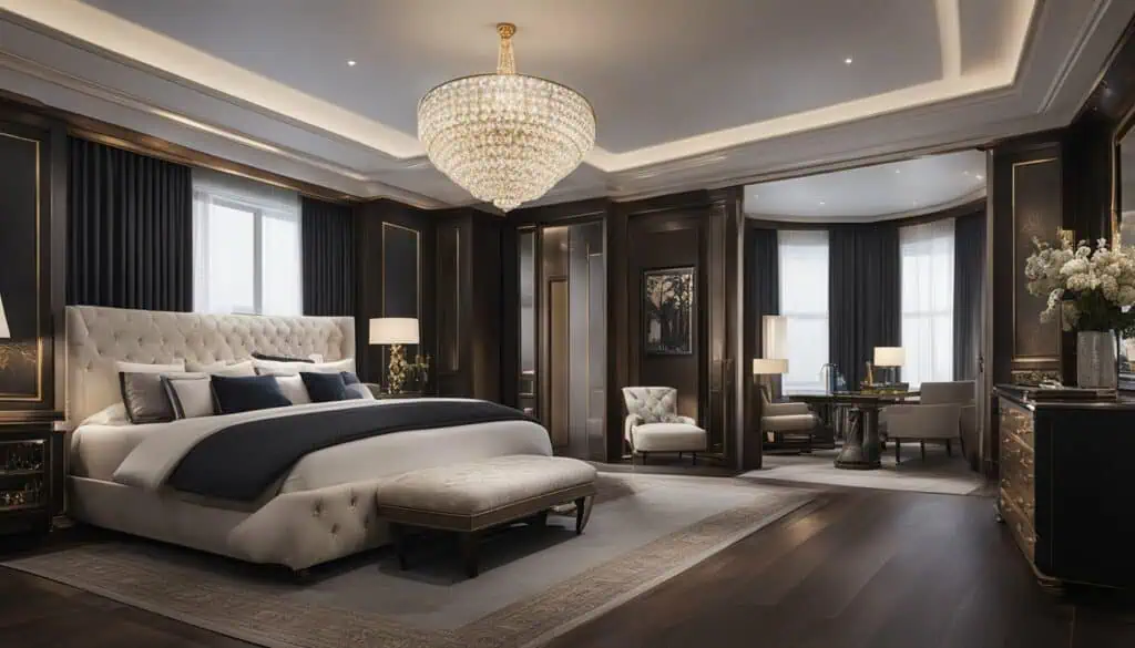 Elegant bedroom with dark wood accents and plush furnishings.