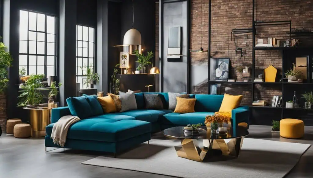 Stylish industrial living room featuring a vibrant blue sectional sofa, decorative pillows, and cont.