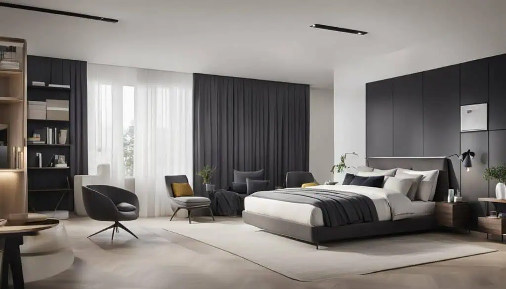 Elegant bedroom featuring a sleek bed, black accent wall, and contemporary furniture.