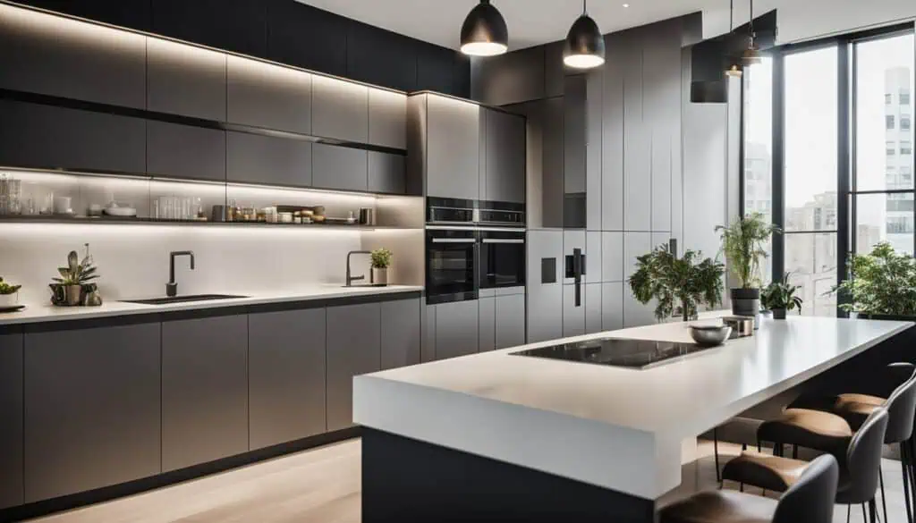 Modern minimalist kitchen with sleek gray cabinets and large island.