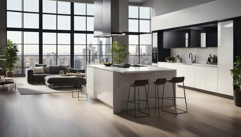 Bright, contemporary kitchen featuring large windows and minimalist decor for stylish living.