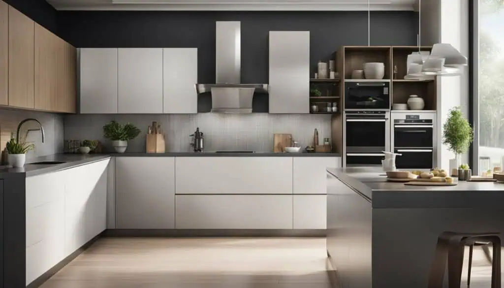 Modern minimalist kitchen with sleek white cabinets and stainless steel appliances.