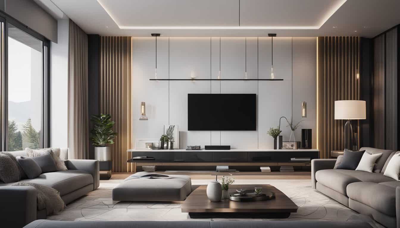 Elegant modern living room with sleek design and ambient lighting.