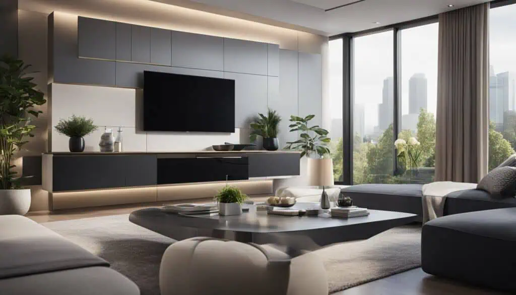 Contemporary living room with large windows and city skyline view.