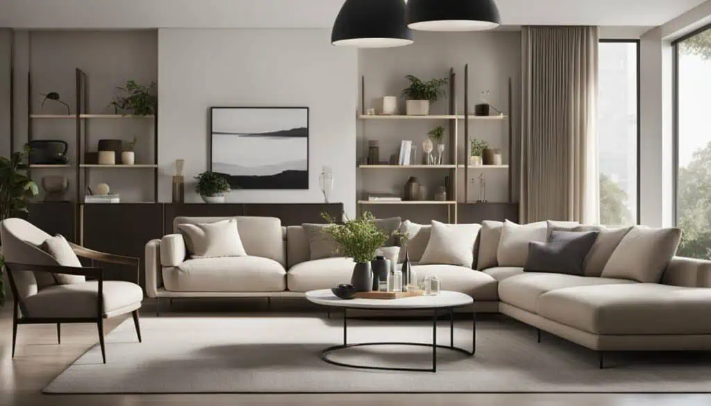 Modern living room with neutral tones, elegant furniture, and natural light.