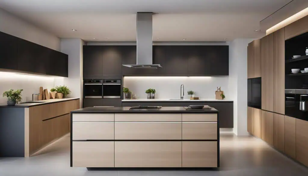 Elegant modern kitchen with minimalist design, black and wood cabinetry, and a central island.