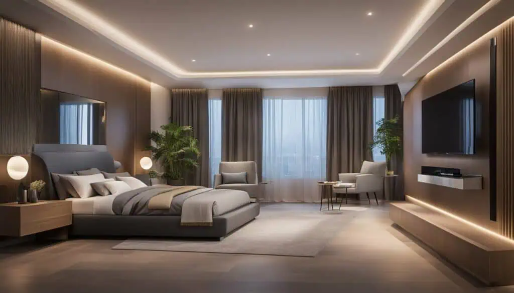 Elegant bedroom with contemporary design and ambient lighting.