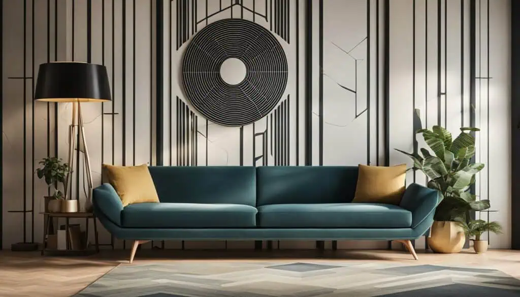 Elegant teal sofa with gold accent pillows in a stylish living room setting.