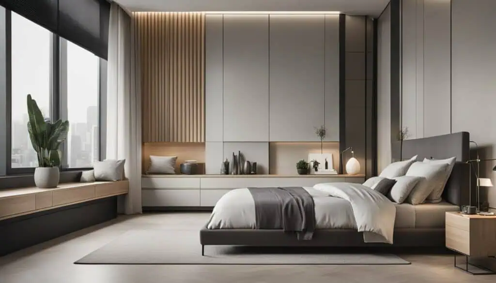 Elegant bedroom with large windows, neutral tones, and contemporary design.