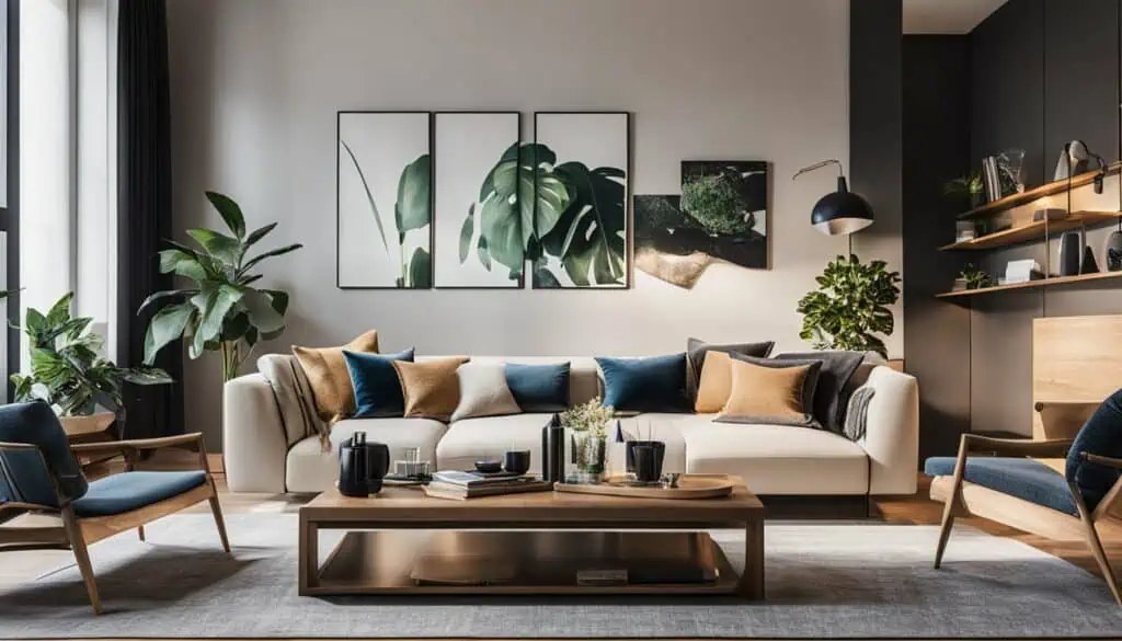 Elegant living room with contemporary furniture and indoor plants for a cozy atmosphere.