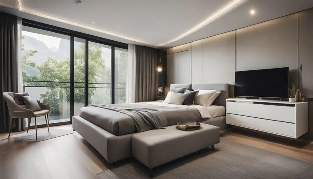 Modern bedroom with large windows and scenic mountain view, featuring stylish decor and natural ligh.