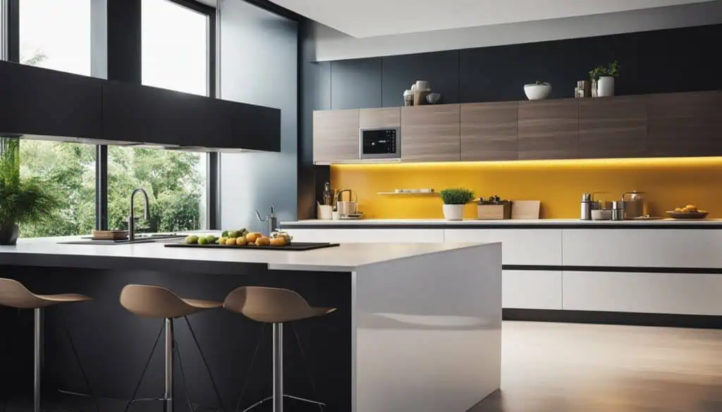 Bright, contemporary kitchen featuring large windows, sleek cabinetry, and a functional island for c.