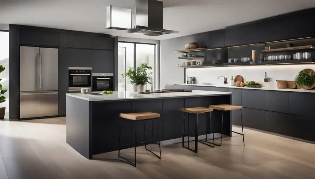 Modern black kitchen with island, bar stools, and natural light for stylish home cooking.