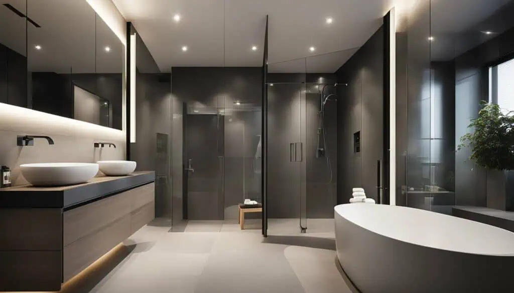 Luxury bathroom with walk-in shower and freestanding tub.