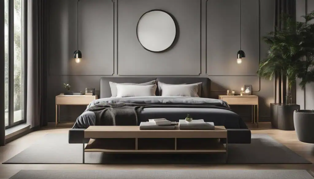 Elegant modern bedroom with minimalist decor and soft lighting.
