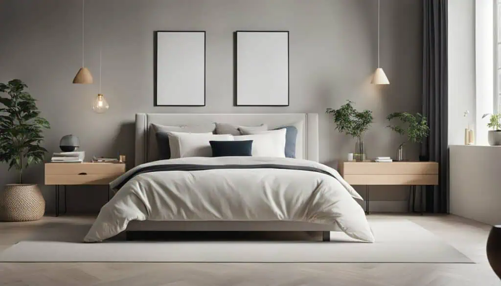 Elegant bedroom with a neutral color palette, modern decor, and ample natural light for a calming at.