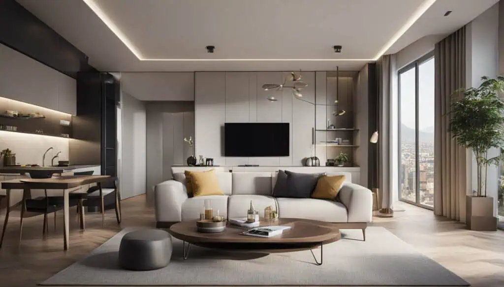Elegant living room with large windows overlooking the city skyline.