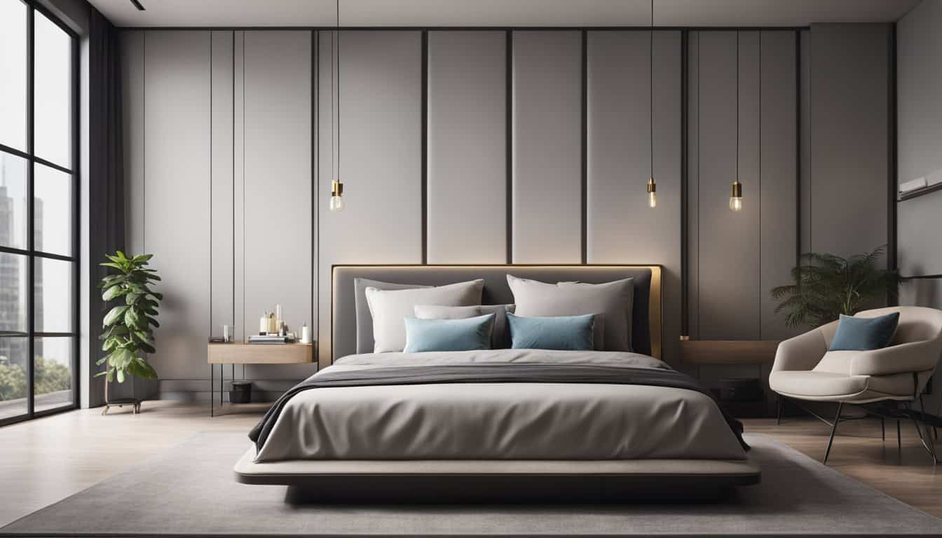 Stylish modern bedroom with sleek furniture and ambient lighting for a luxurious feel.