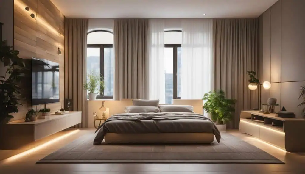 Spacious bedroom featuring large windows, soft lighting, and contemporary furnishings for a luxuriou.