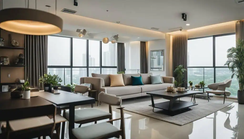 Contemporary living room with large windows and elegant decor.
