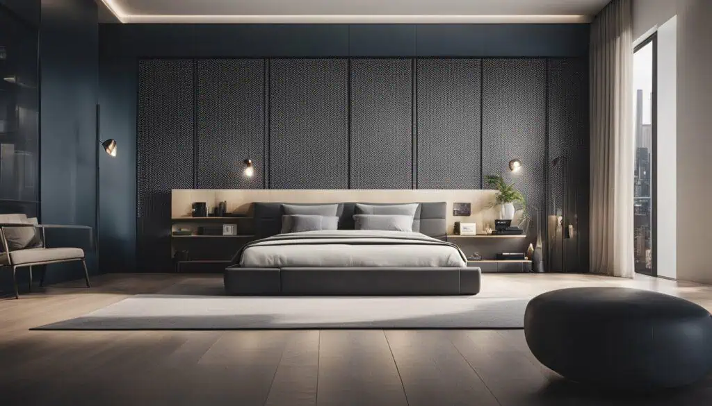 Elegant bedroom featuring a dark accent wall, modern lighting, and sleek furniture design.