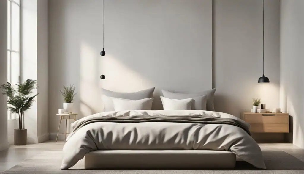 Elegant minimalist bedroom with neutral colors and cozy ambiance.