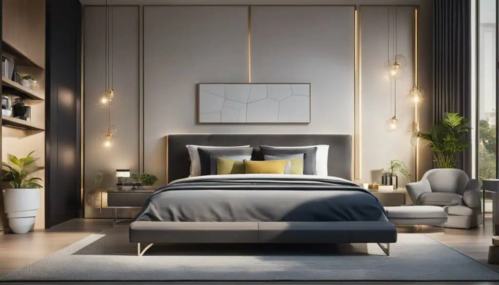 Elegant modern bedroom with sleek design, plush bedding, and ambient lighting for a luxurious sleep.
