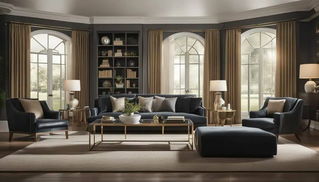 Elegant living room with large windows, stylish furniture, and cozy lighting for a luxurious home am.