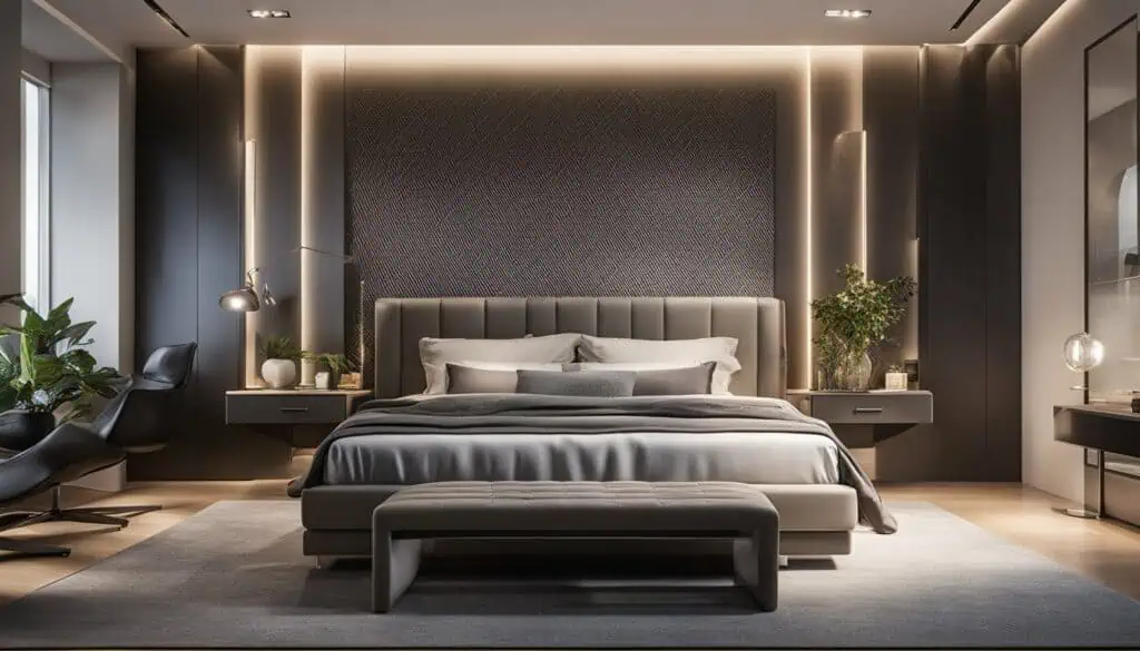 Stylish modern bedroom with ambient lighting and sophisticated decor.