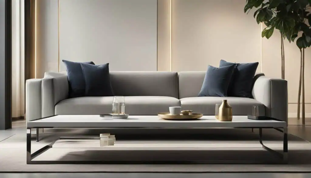 Elegant contemporary sofa with navy cushions in a minimalist living space.